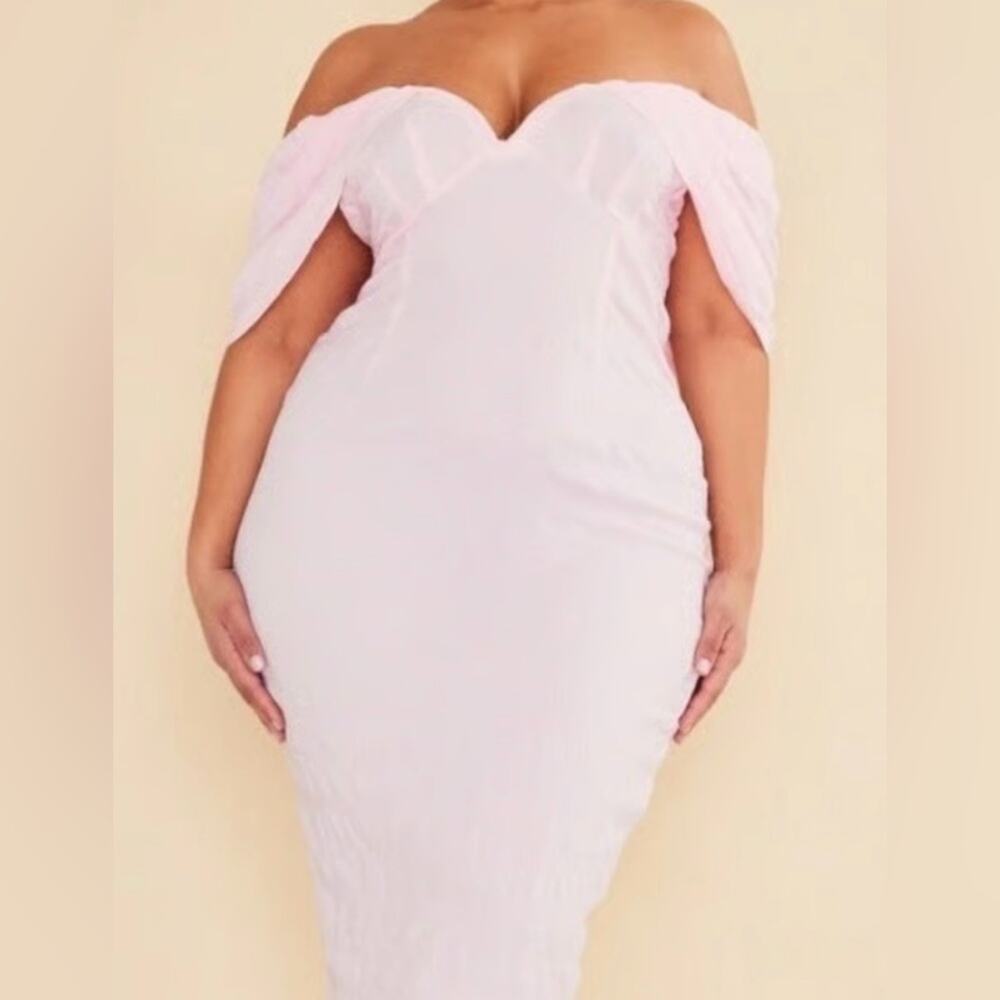 PLT Plus Bardot Midi NWT Plus 26W Baby Pink Coquette Puff Sleeve Wedding Guest